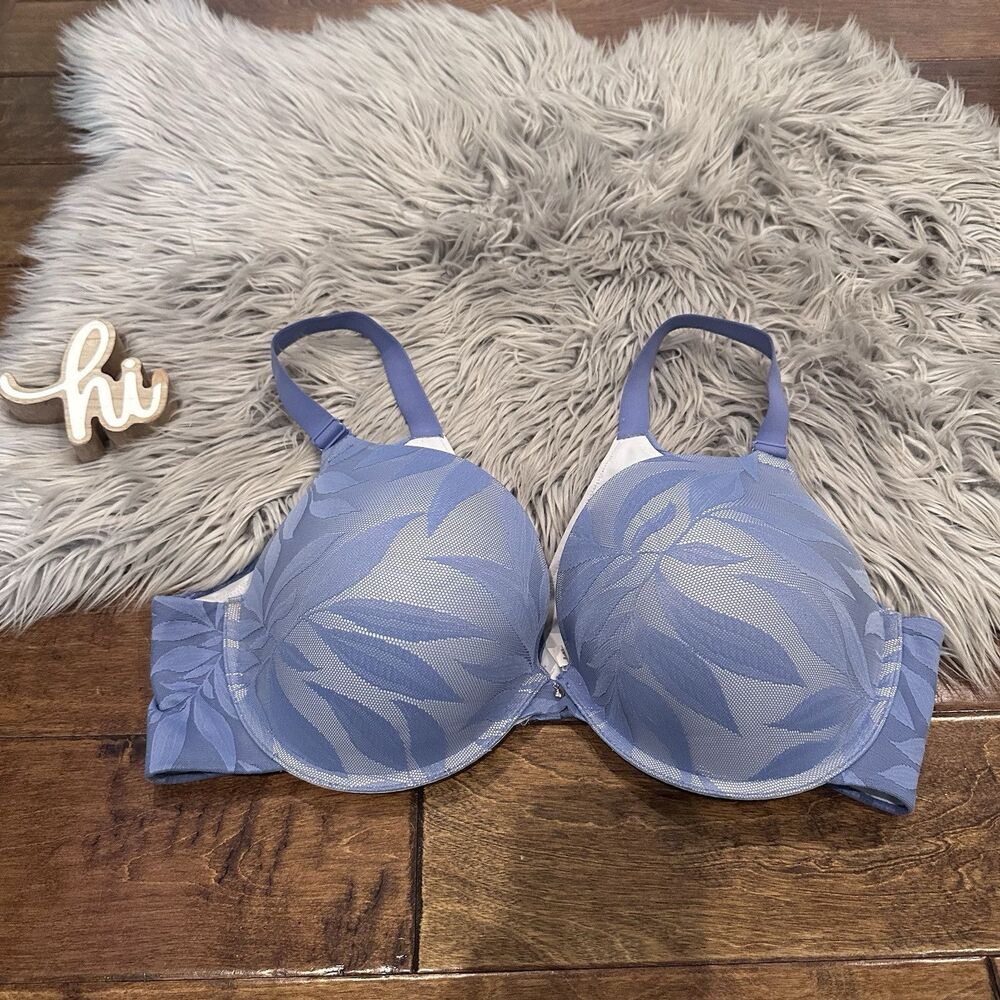 Cacique Bra Size 44D Boost Plunge Leaf Leaves Print Lace Underwire Blue